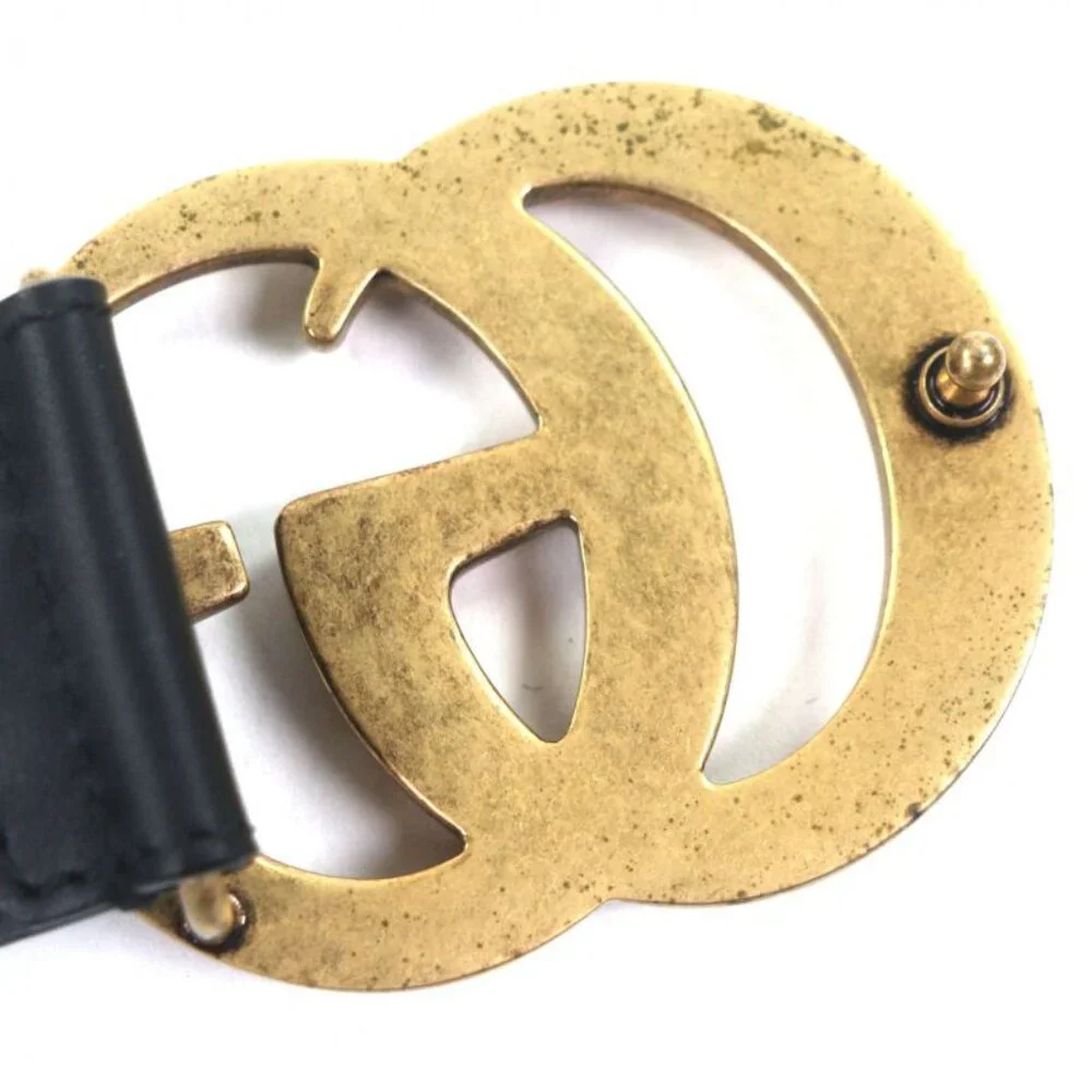 Gucci Double Wide Belt Leather GG Marmont Buckle Black Gold - Picture 5 of 10